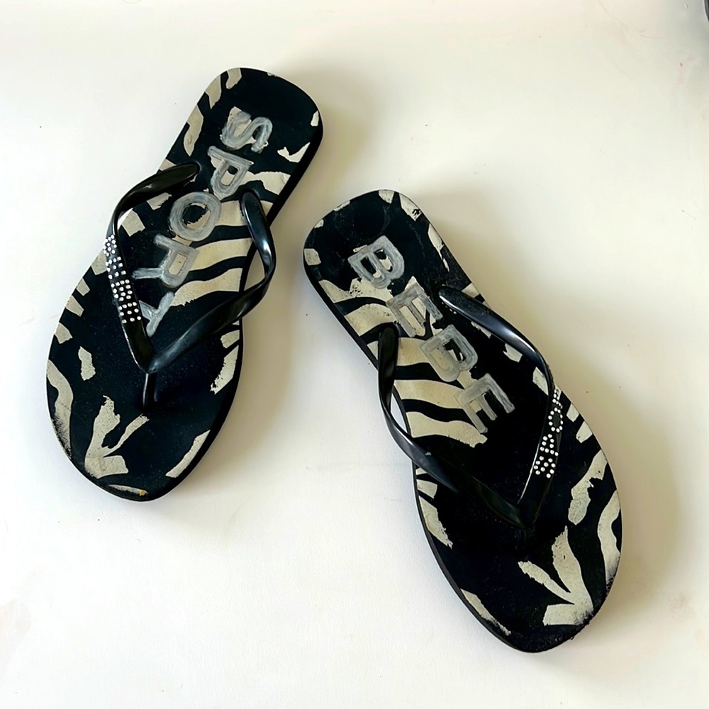 Bebe Sport Black Flip-flops, rhinestone logo perfect no missing stones,  size 9